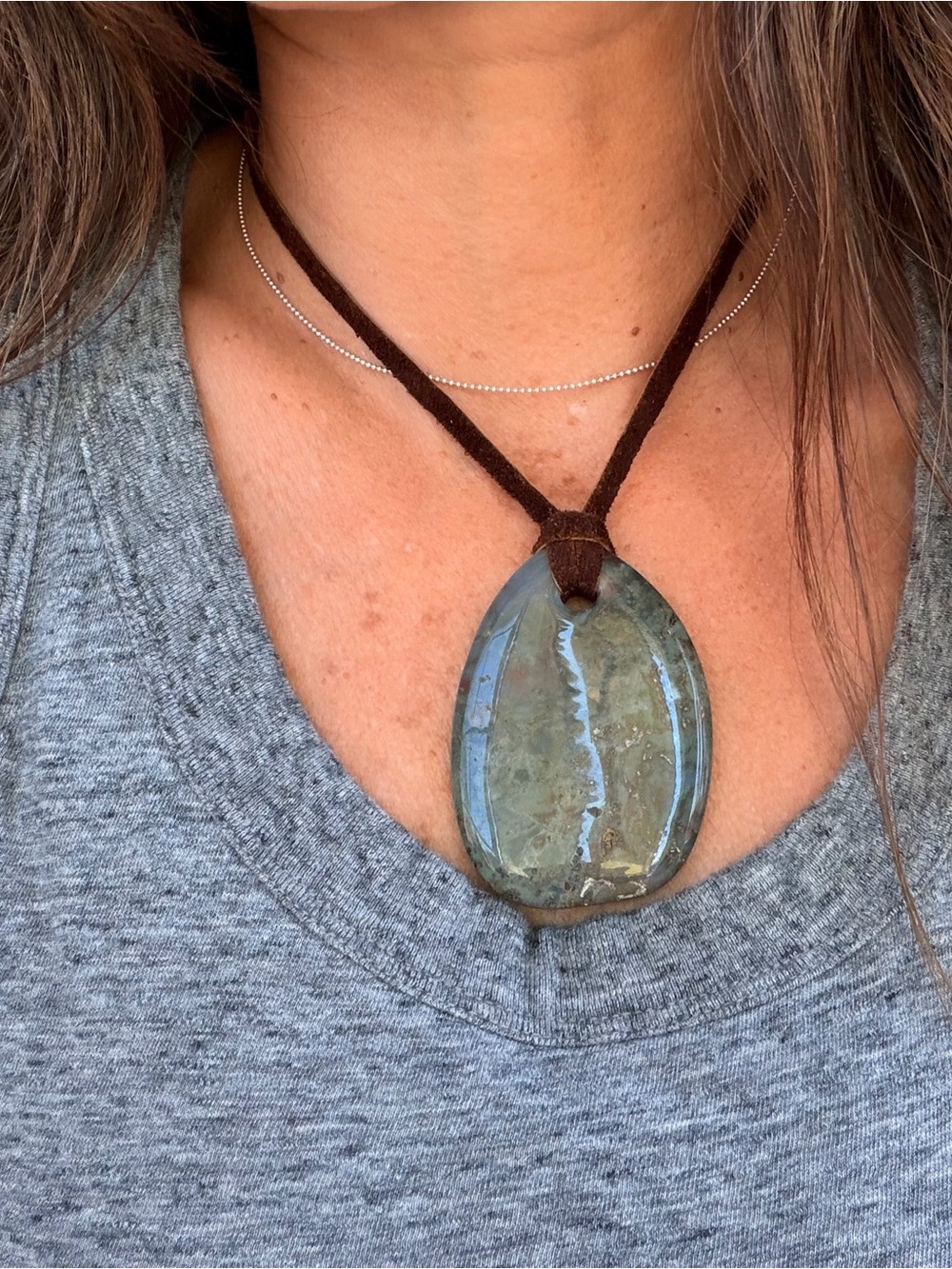 Handmade Blue-Green jasper Pendant Necklace with Brown Suede Cord